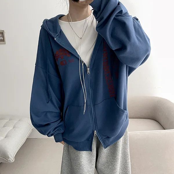 Loose-Fit Lettering Pobee Hoodie Zip-Up (4 colors)