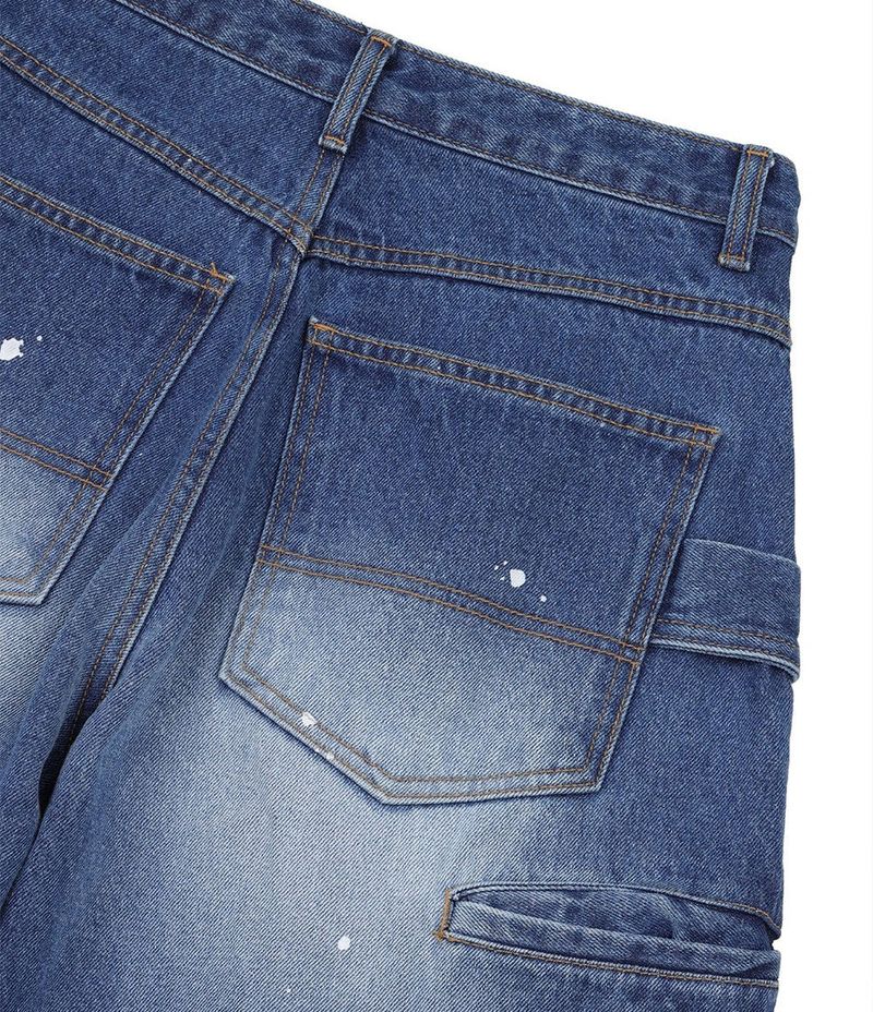 Curved Double Knee Denim Pants - Deep Blue