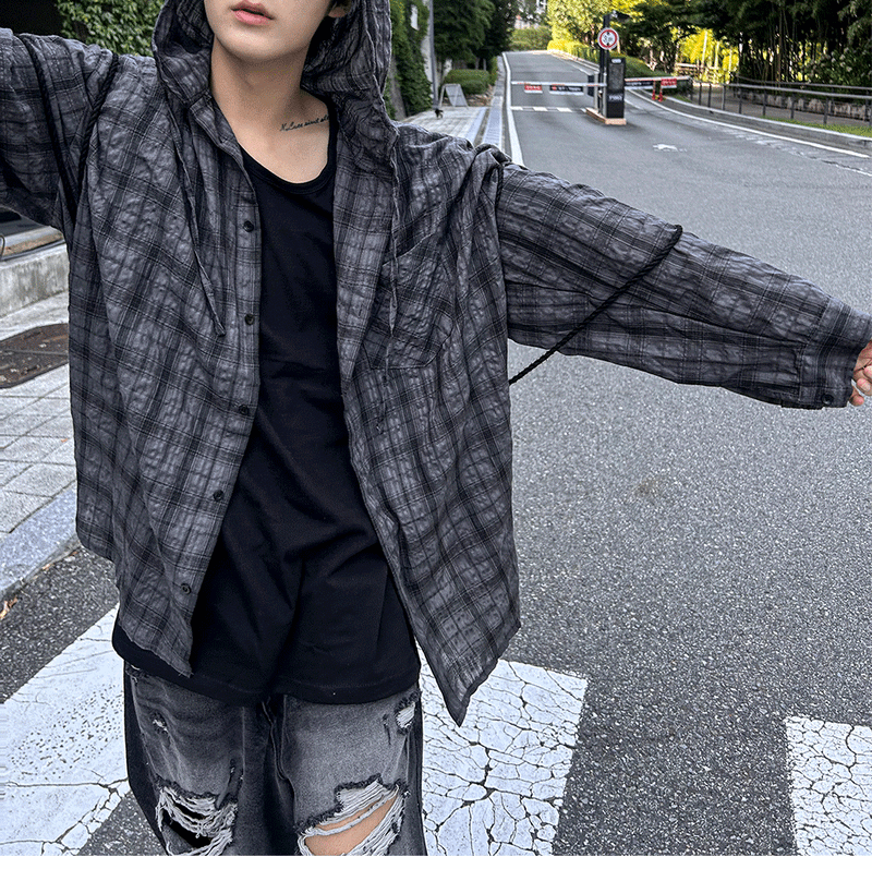 Aaron Linen Checke Hooded Shirt