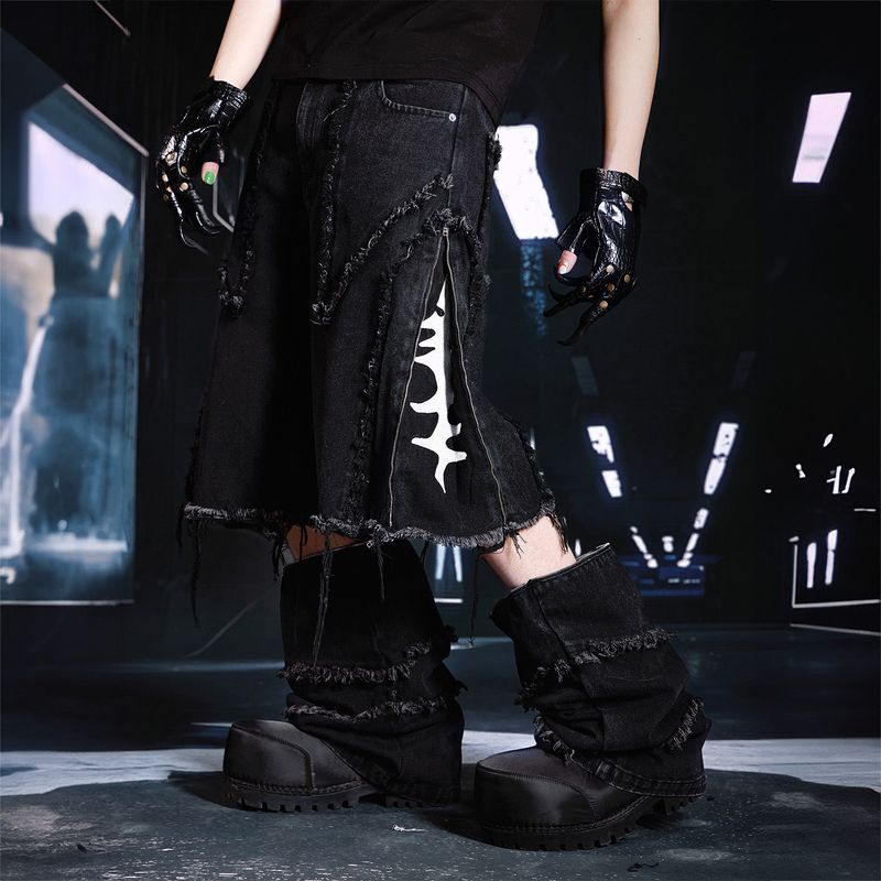 SEXXDEVIL Detachable 2-in-1 washed raw-edge jeans