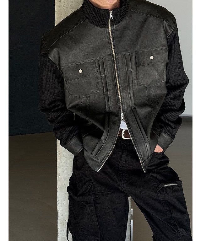 [F/W] Rough knit leather jacket