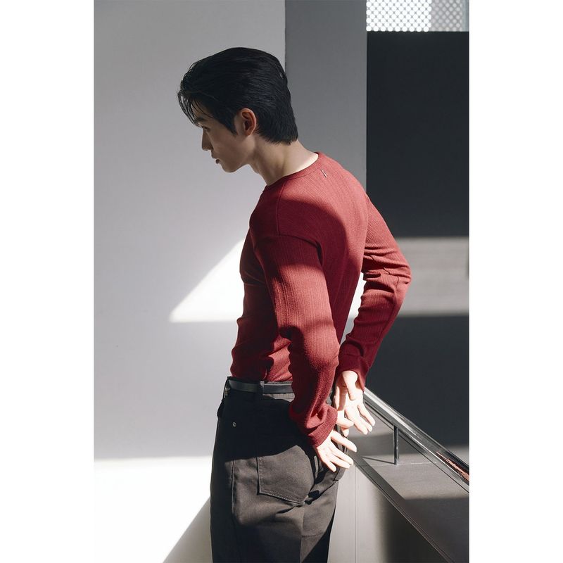Leather ribbed henry neck long sleeves(Burgundy)
