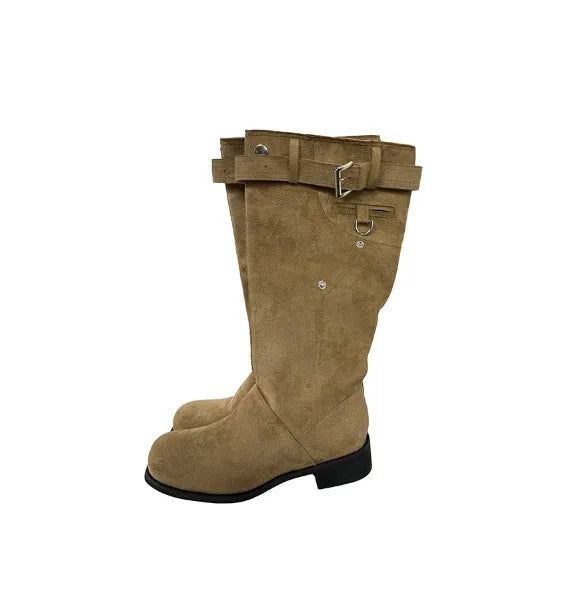 Pocket Buckle Suede Slouch Long Boots
