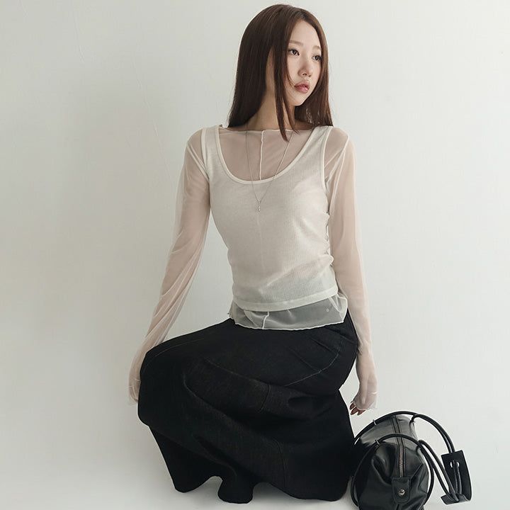 [Entiz] Wave Mesh Label Seam Sheer T-Shirt - 3 Colors