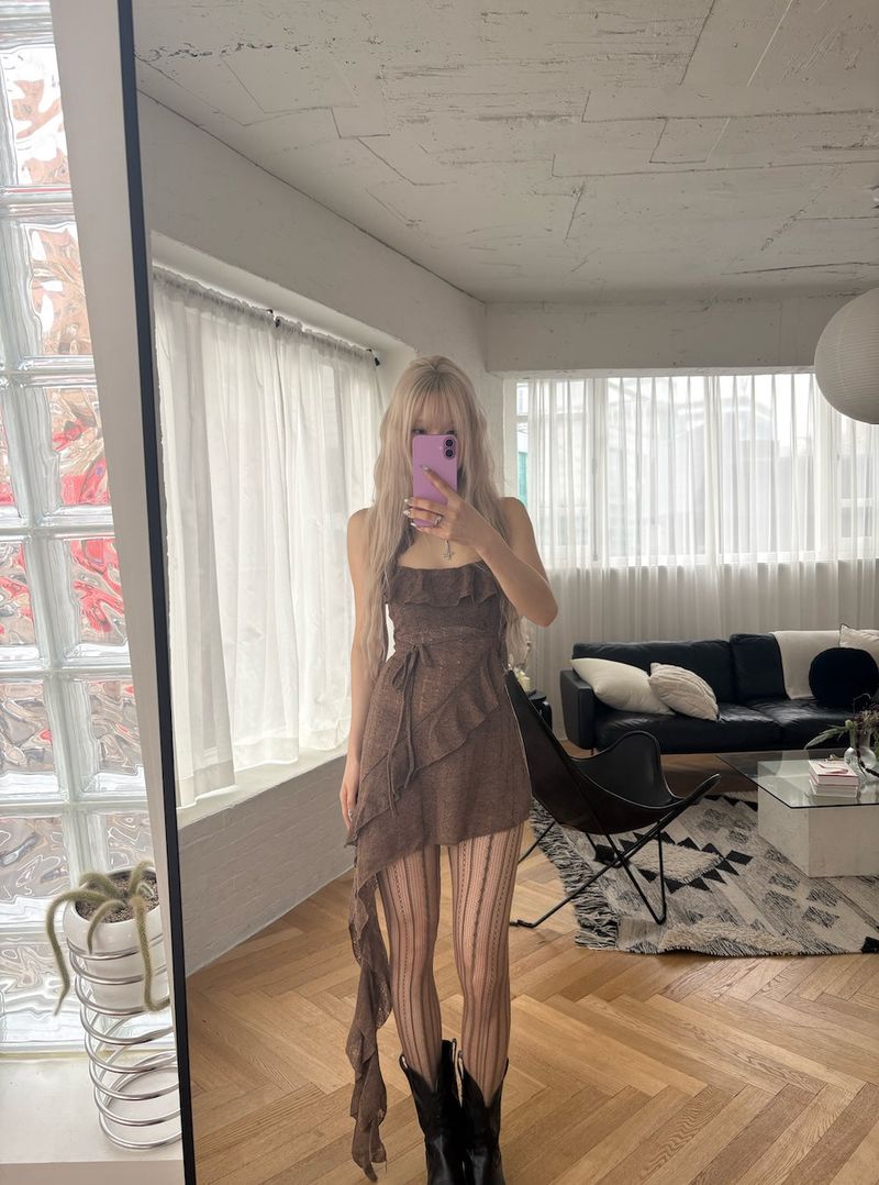 Brown Asymmetrical Ruffle Mini Dress
