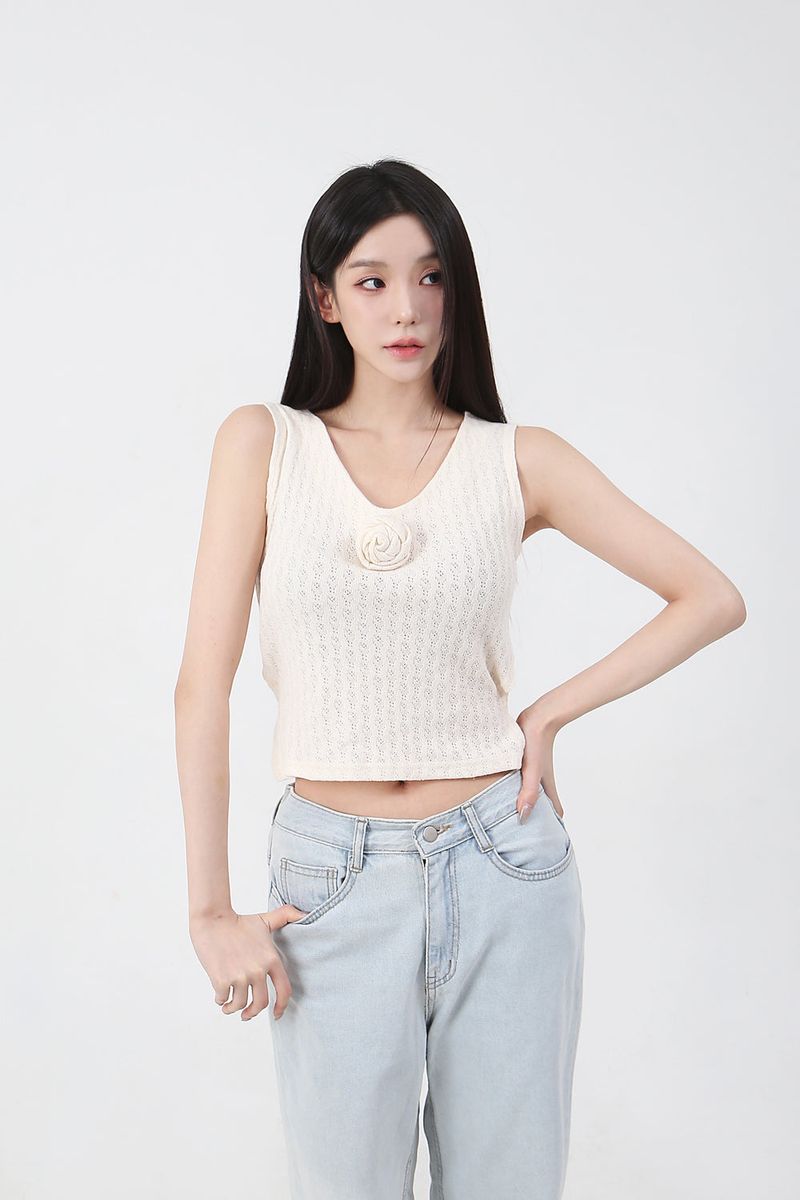 Back Ribbon Sleveless Knit_cream [brooch set]