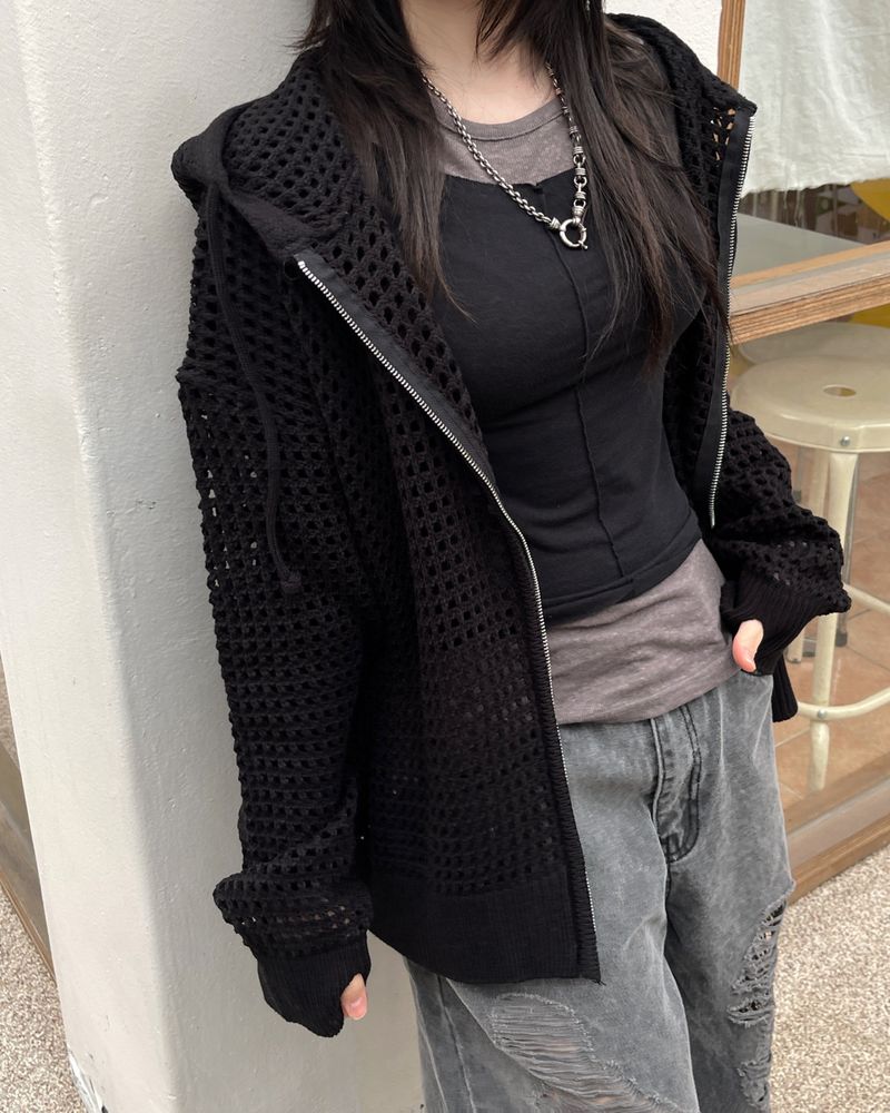 Hoshi mesh hooded knit zip-up