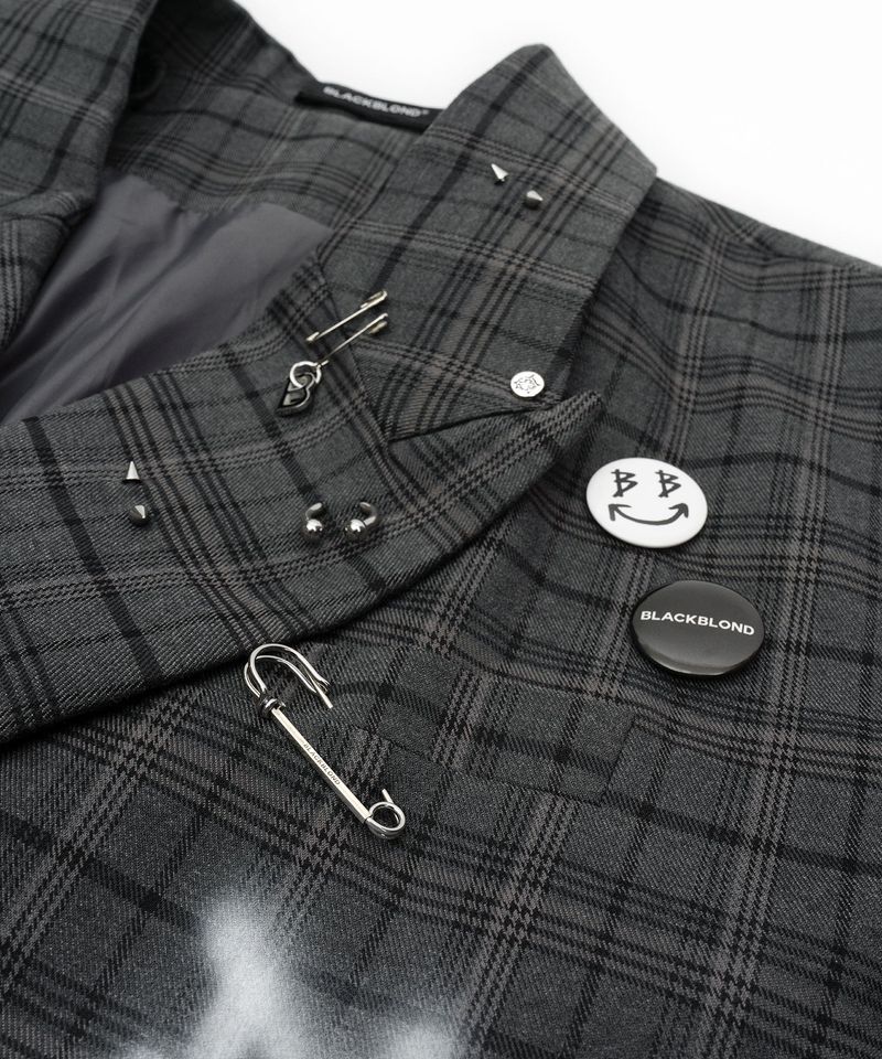 BBD Graffiti Logo Piercing Plaid Oversized Blazer (Charcoal)
