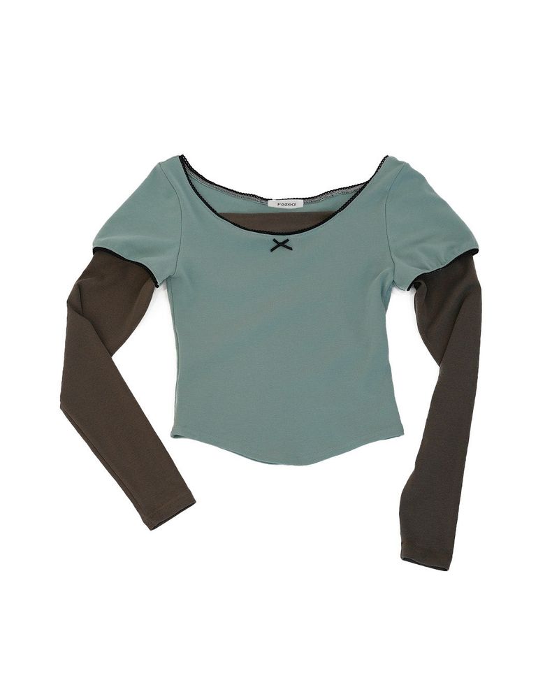Puff lace layered top / sky-blue