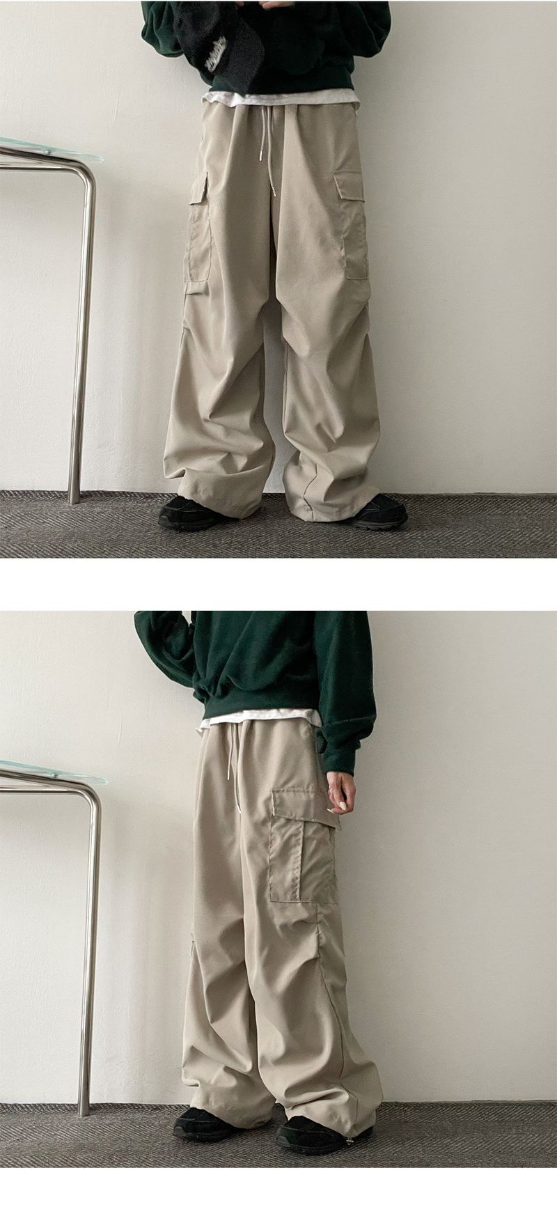Bicol String Pleated Cargo Wide Pants