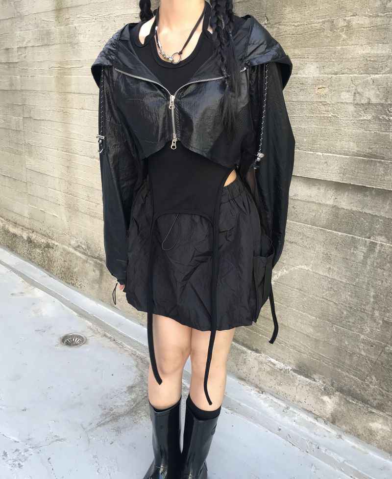 Cropped rain mesh hooded windbreaker