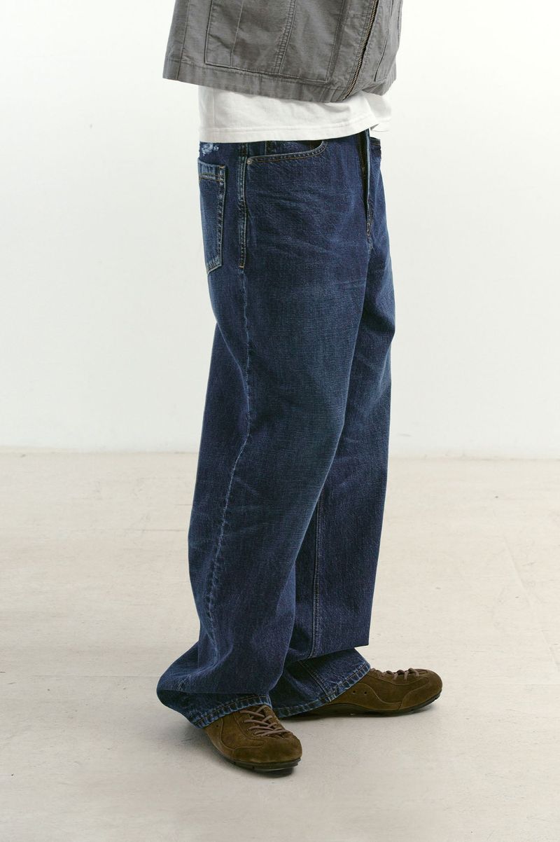 Loose Straight Biker Denim Pants (Washed Navy)