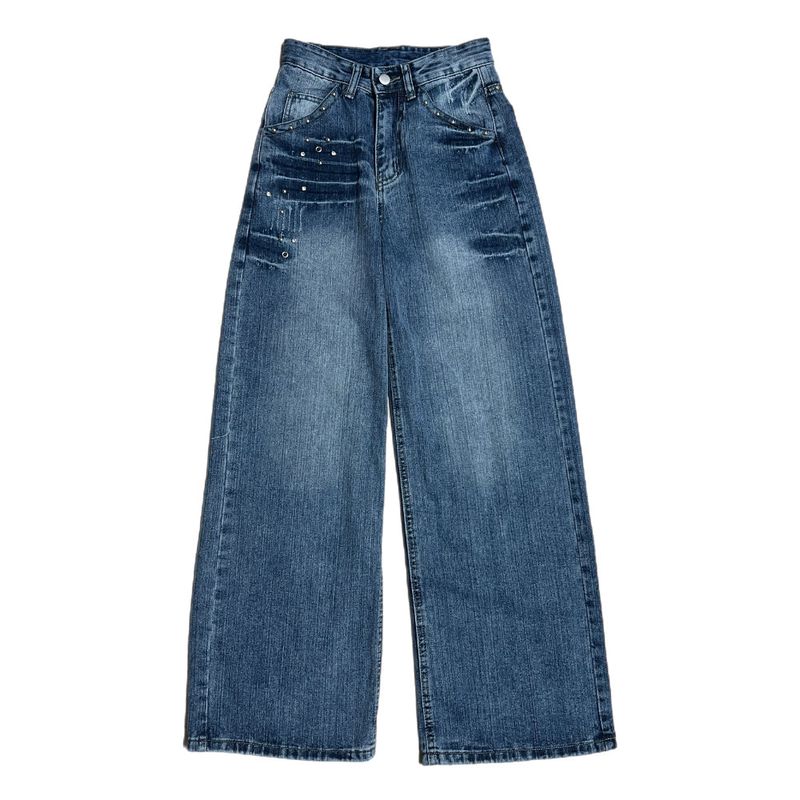 Rivet eyelet punching washed wide denim pants (Denim)