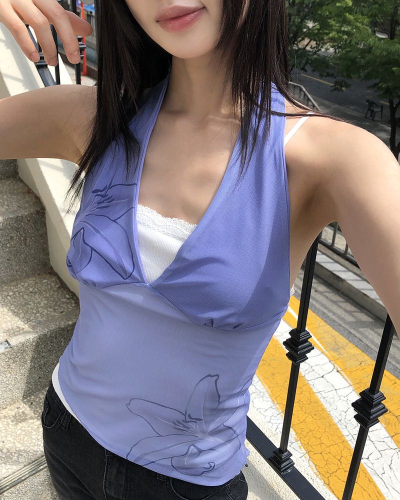 WONDER WONDER(ワンダーワンダー)の「Roine flower printed see-through halter neck sleeveless(Tops)」