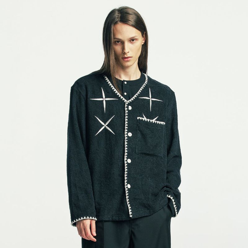 east star button up terry cardigan black
