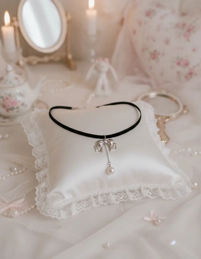 [IVE Wonyoung Necklace] Romantic bow and pearl drop choker - Silver Color