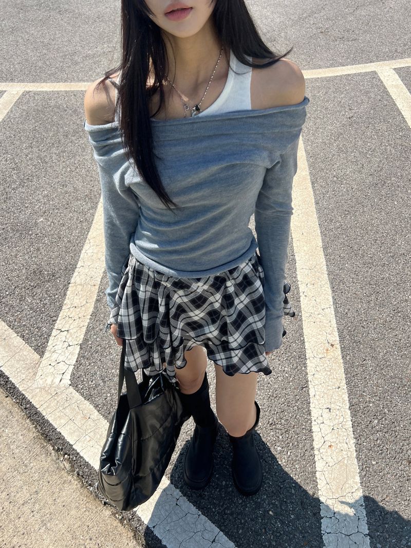 Layered shirring off-shoulder solid long sleeve knit top (3 colors)