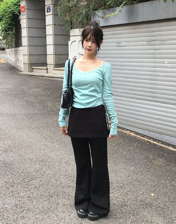 Asin Layered Flare Bootcut Banding Skirt Pants