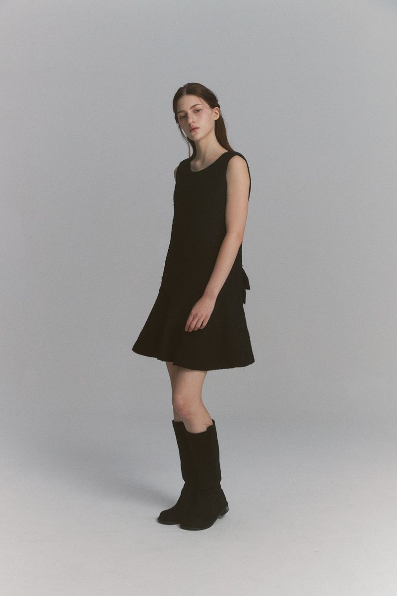 Back Ribbon Tweed Dress Black