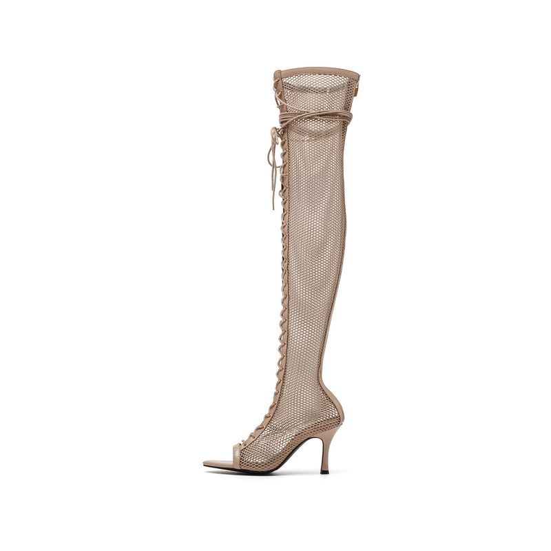 Mesh Lace-Up Open Toe Boots Heel(Beige)