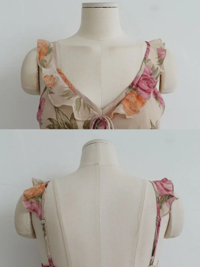 VINTAGE ROSE RUFFLE-STRAP MINI DRESS