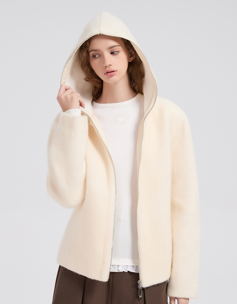 Roarin Oversized Hood Zip-Up Quilted Coat Ivory