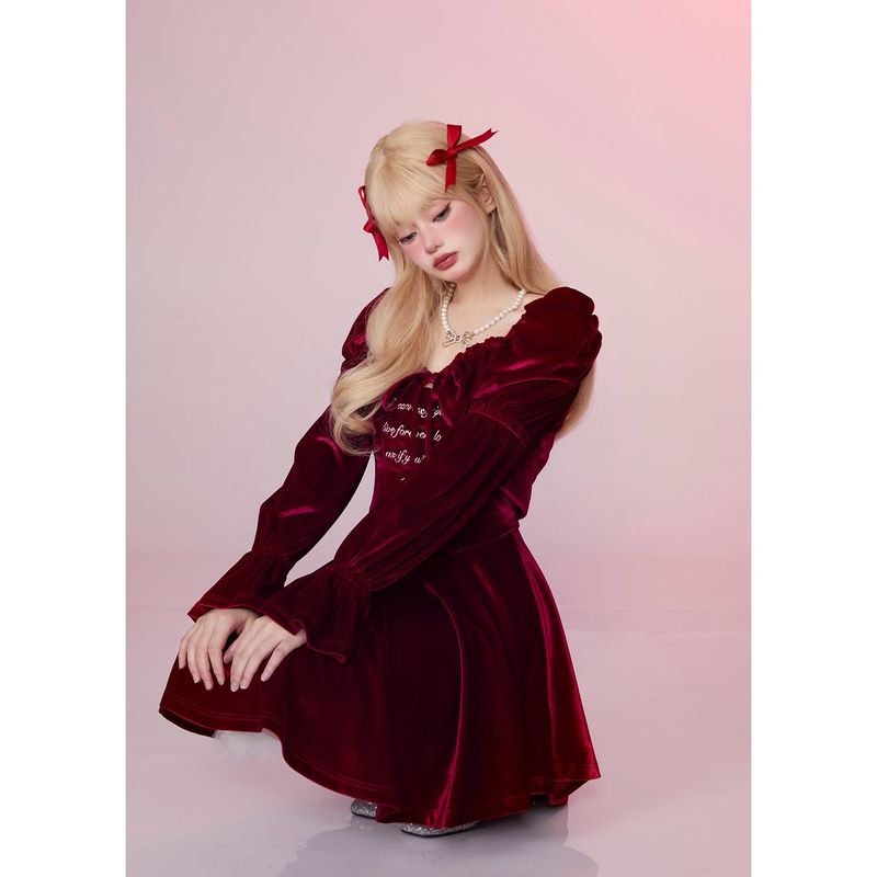 [Girly Fancy Club] レトロレッドベルベットツーピースプリンセスドレス