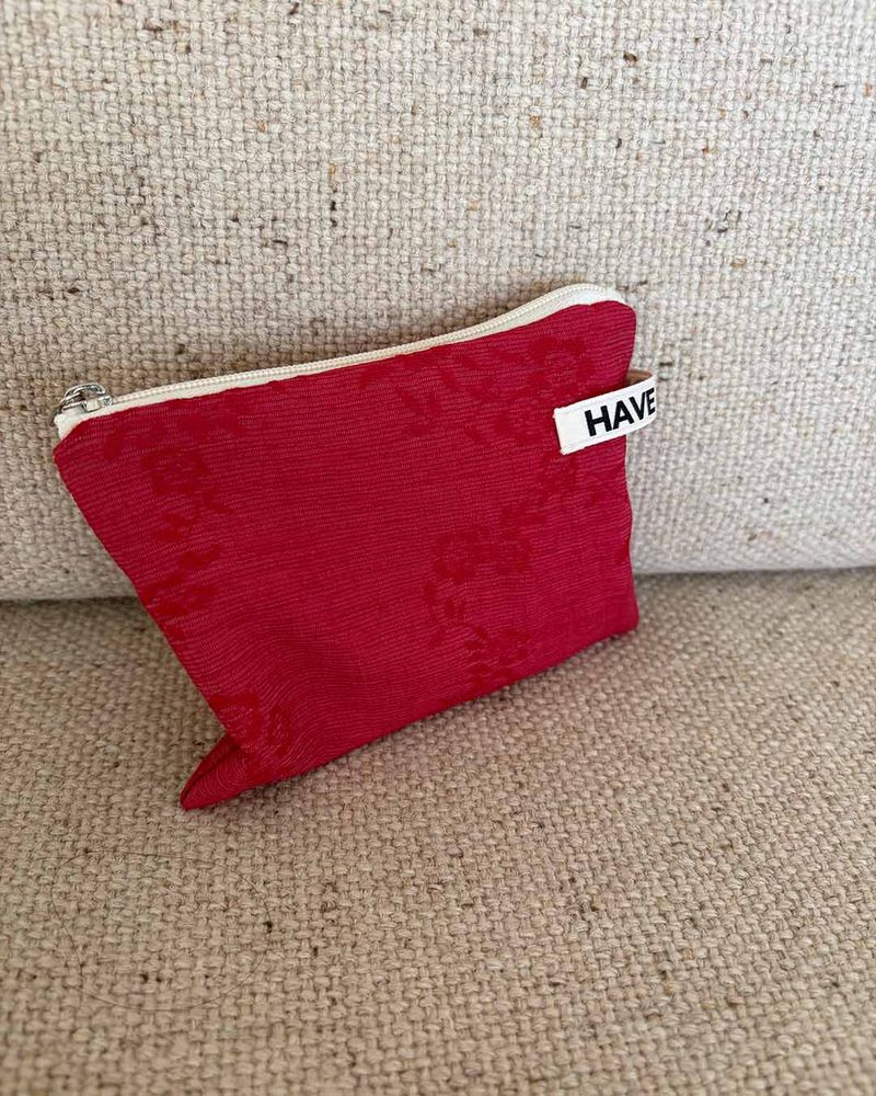Linen floral flat pouch - red , S size
