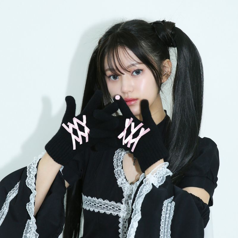 0 4 ribbon knit gloves - BLACK/PINK