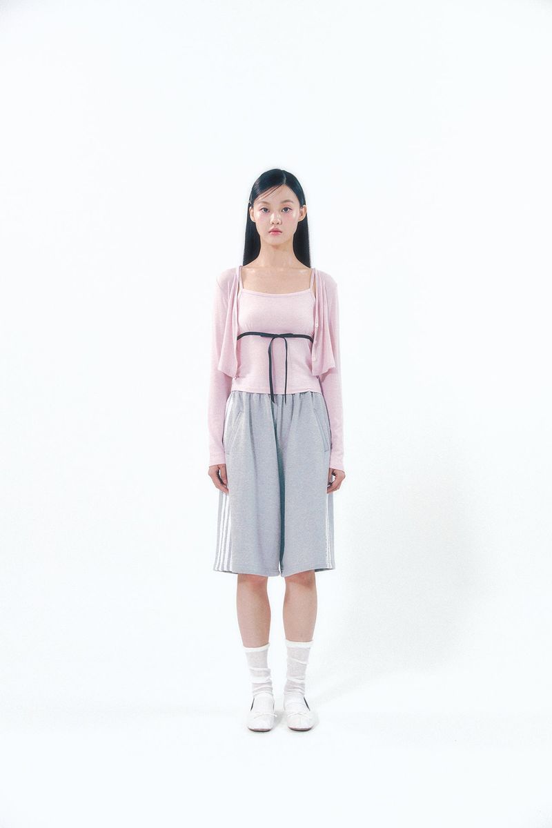 Knit Ribbon Shirring Top Set Pink