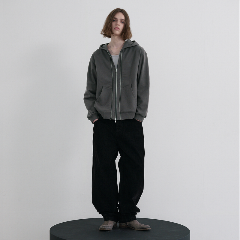 Layered 2-way Zip Hood Zip-up - CHARCOAL