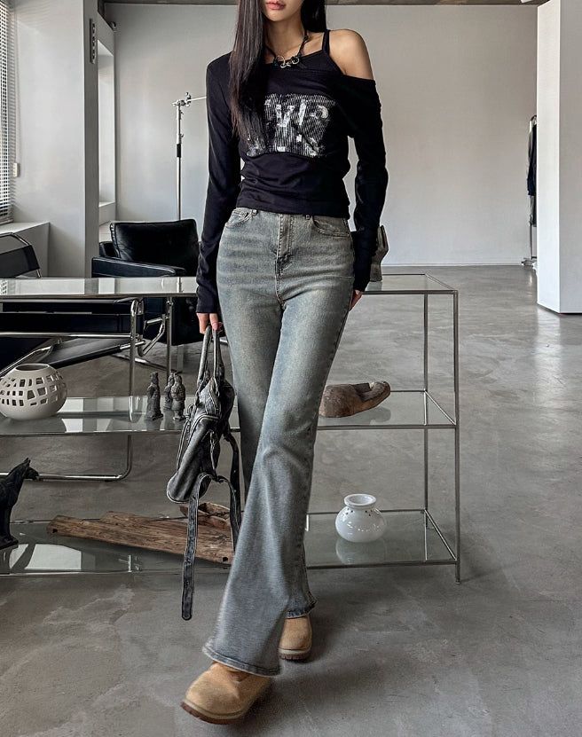 Grayish Washing Bootcut Denim Pants