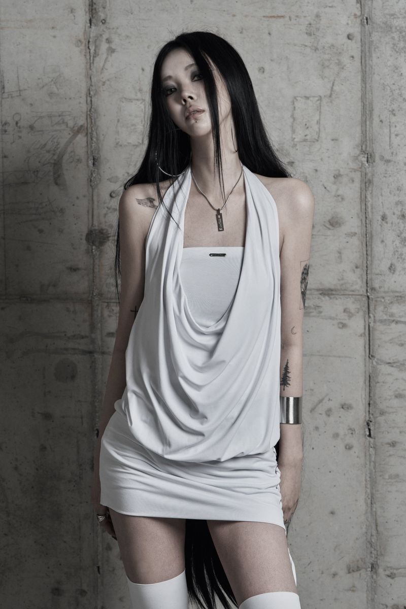 [label] cowl-neck side lace-up one-piece WHITE