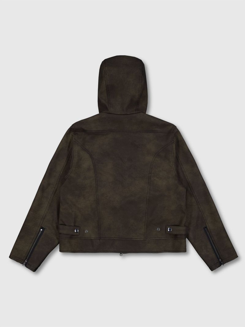 Curved Hood Leather Jacket (Khaki Black)