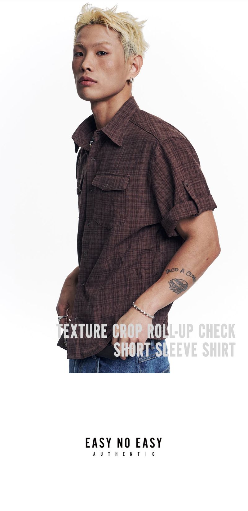 Texture Crop Roll-Up Check Short Sleeve Shirt - Brown