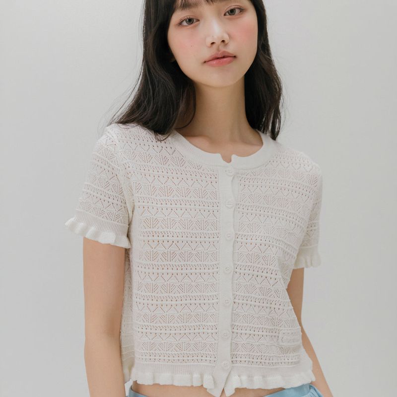 mellotory（メロートリー）の「CROCHET SHORT-SLEEVED KNIT CARDIGAN (IVORY)（Tops）」