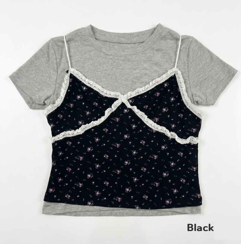 Cute Small Floral Lace Bustier Short Sleeve Set