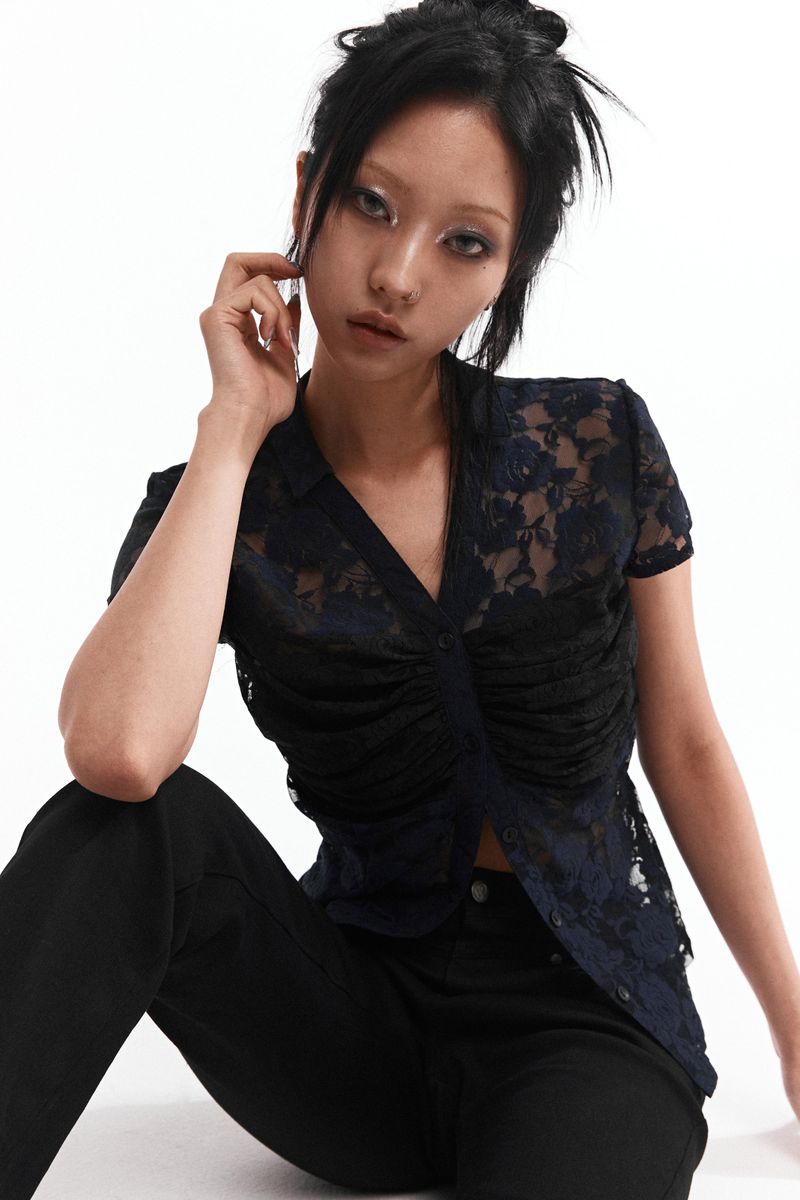 LACE SHIRRING SHIRT #NAVY&BLACK