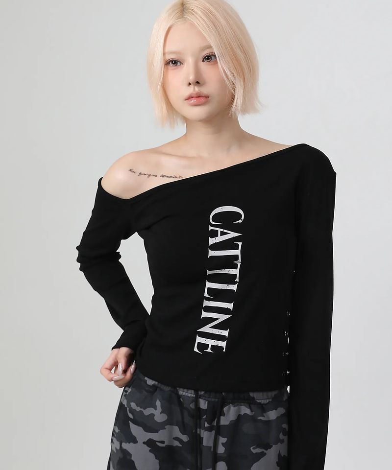One Shoulder Logo Snap T-shirt_black