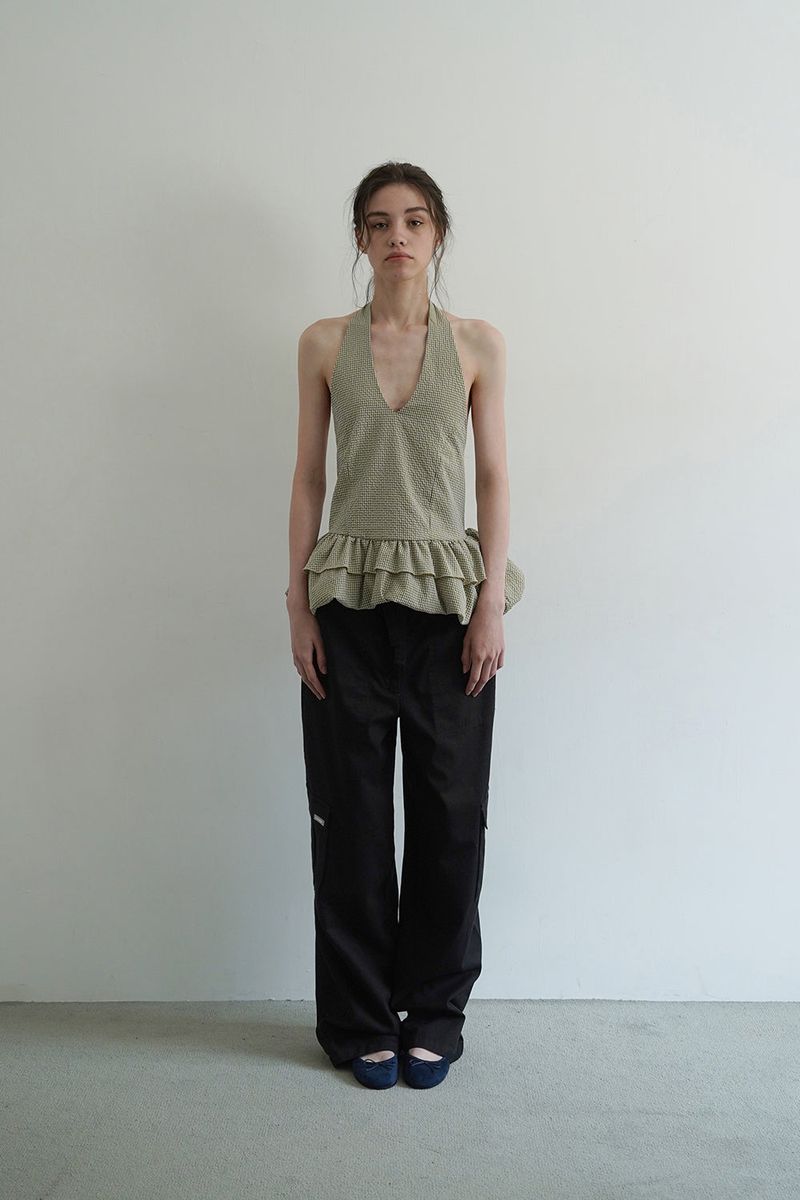 Gingham halter blouse_khaki