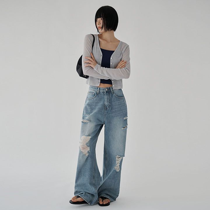[Kanent] V-Neck Sheer Button Cardigan - 4 Colors