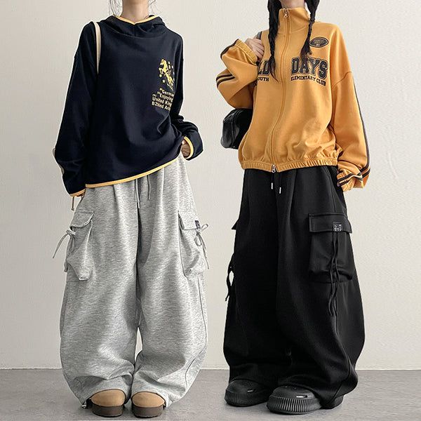 Ribbon Cargo Pocket Wide Training Banding Pants (2 colors)