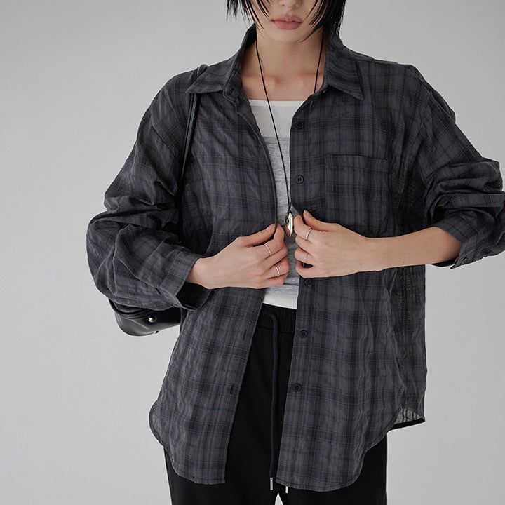 [Istel] Seersucker Check Long-Sleeve Shirt - 3 Colors