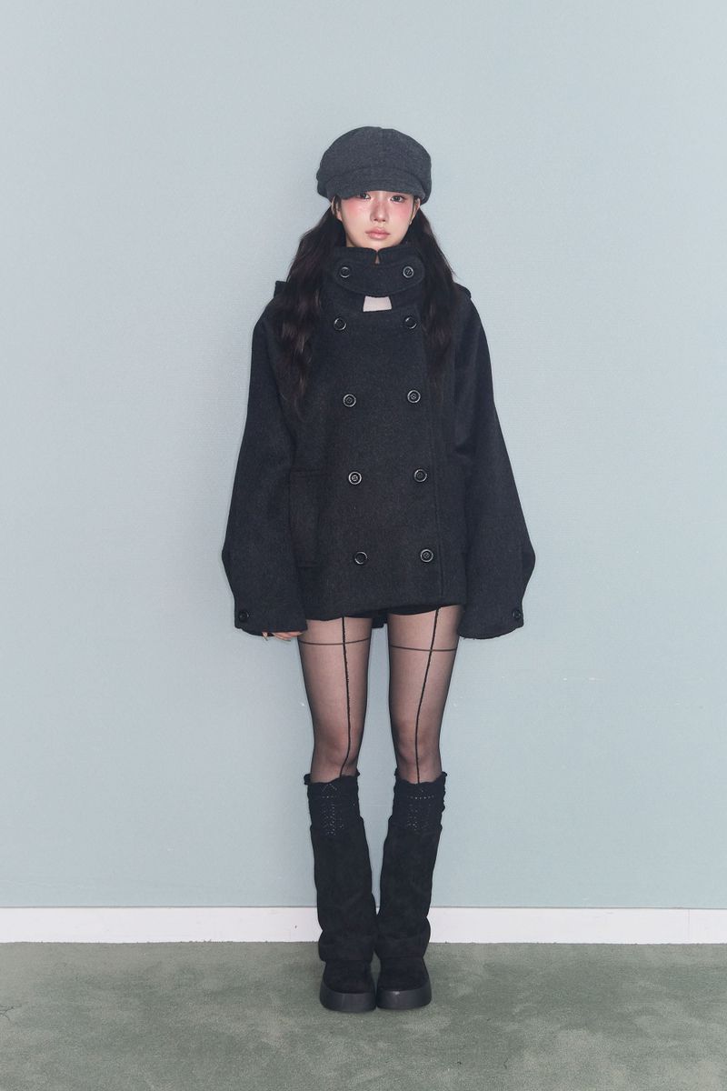 HOODED DOUBLE HALF COAT CHARCOAL