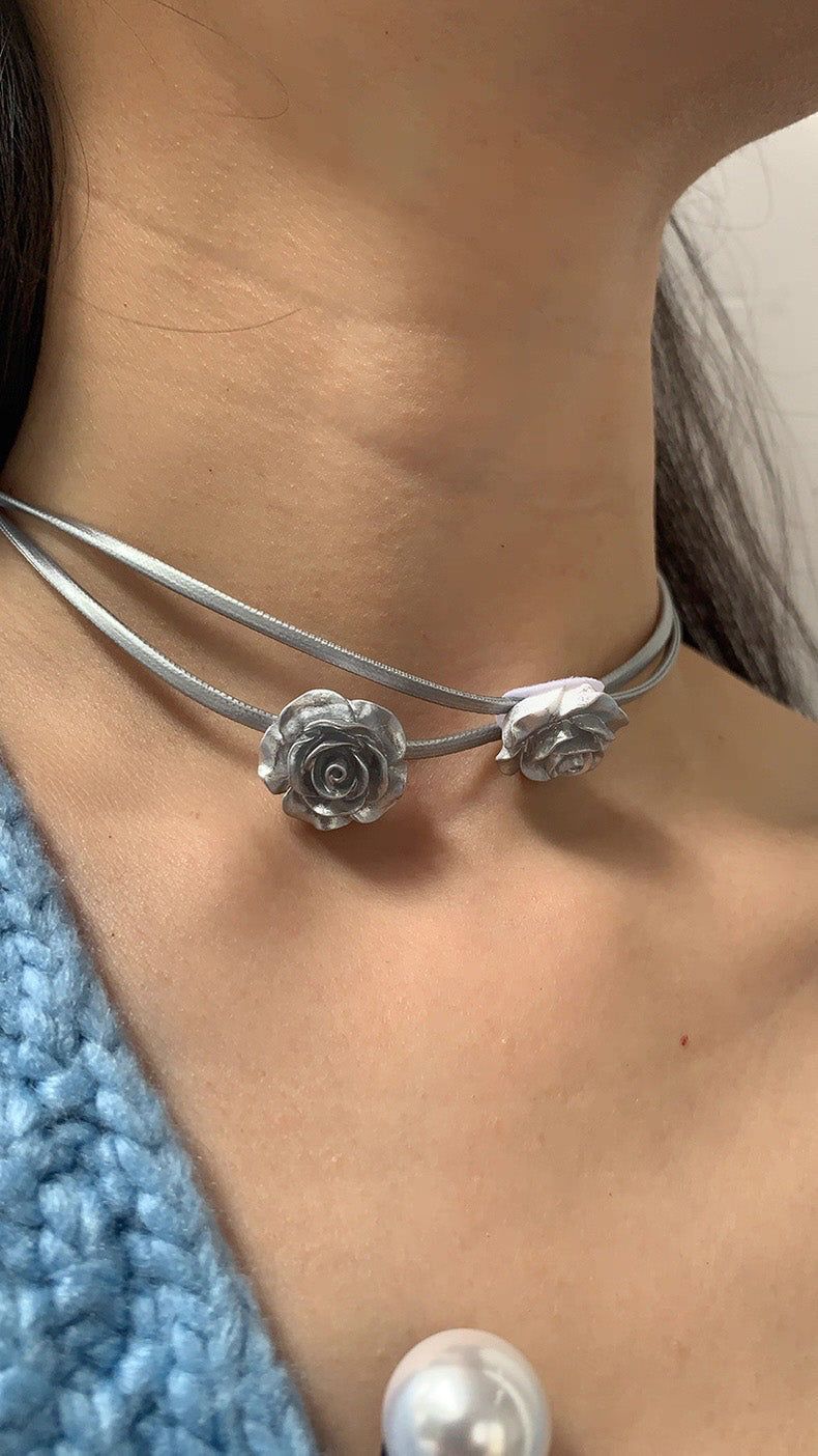 Silver ROSE choker necklace