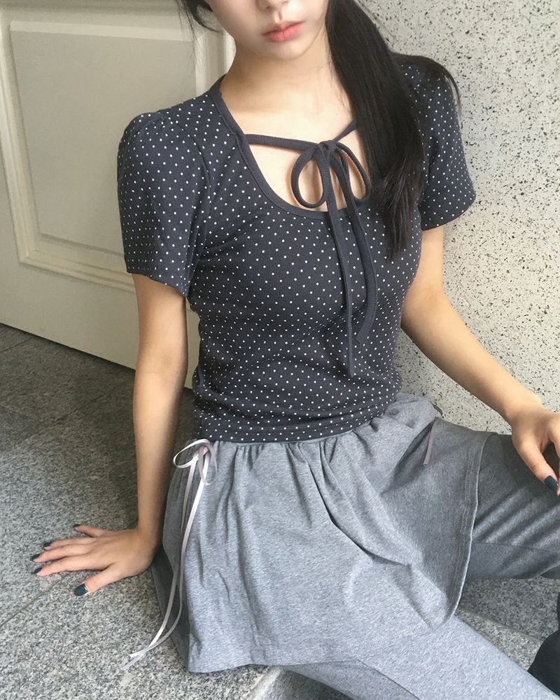 ハエルドットパフスリーブストラップTシャツ