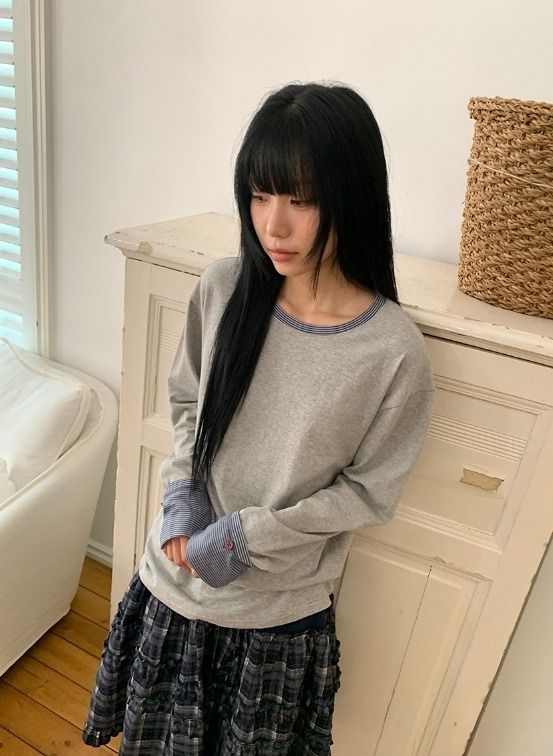 Ireep Button Roll-up Color Matching Long Sleeve Tee