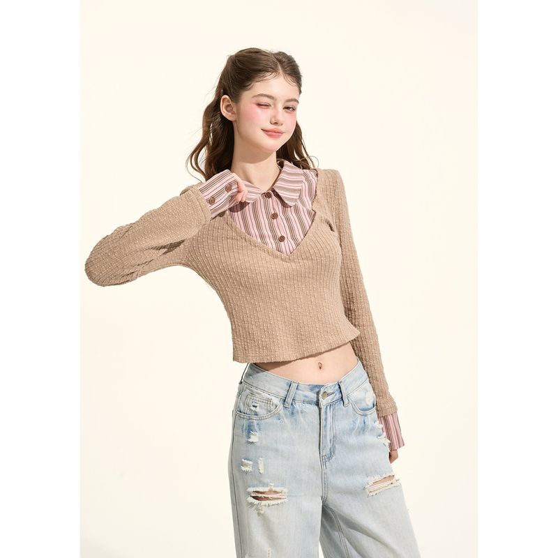[GirlyFancyClub] high-intelligence miu style*pink and brown striped small lapel faux two-piece knitted top for
