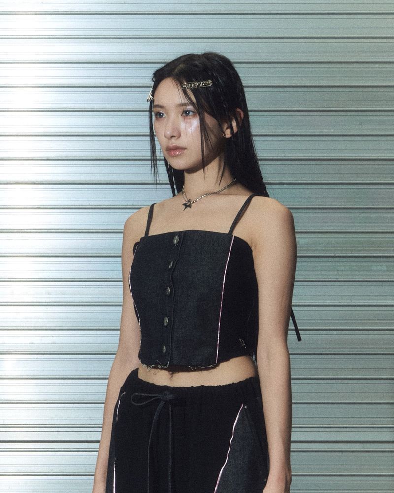denim combi top - black