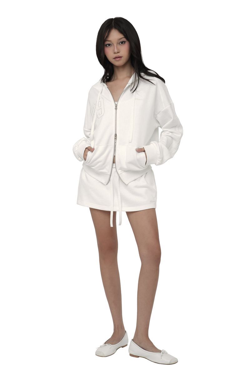 09 Numbering hooded zip-up, White
